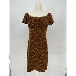 Fairy Grunge Brown Floral Babydoll Mini Dress Puff Sleeve Size Small Earthy